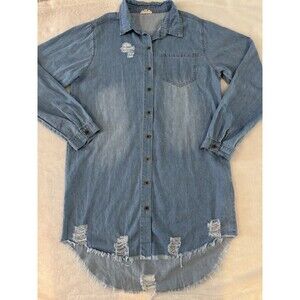 Distressed Western Denim Short Sleeve Dress 35" Long Frayed Medium Womens Ladies